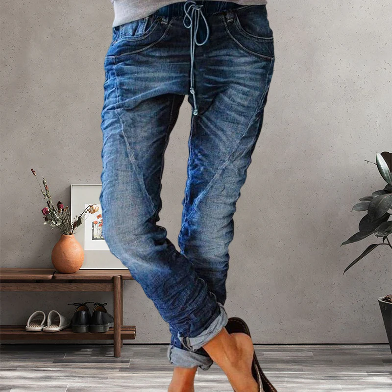 Ripped Drawstring Elasticated Waist Washed Jeans - Image 6