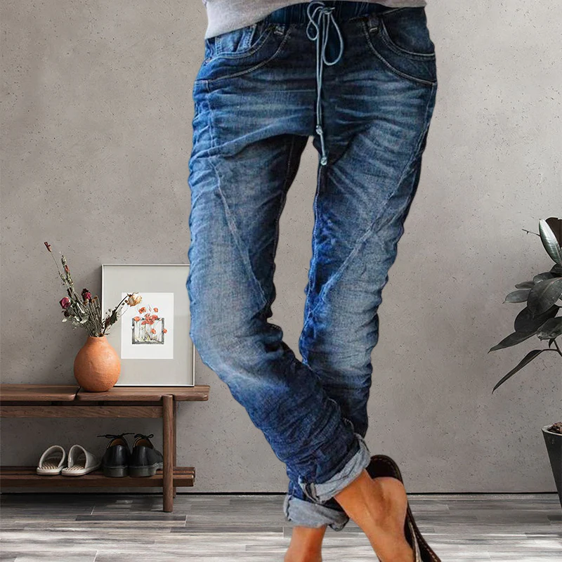 Ripped Drawstring Elasticated Waist Washed Jeans - Image 7