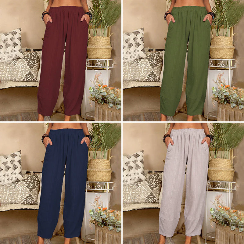 Solid Color Cotton Linen Casual Pants - Image 3