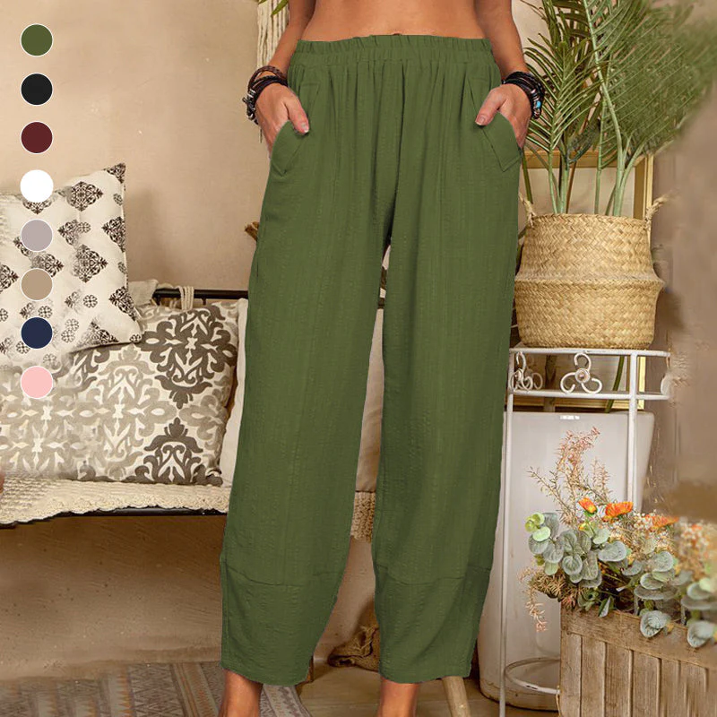 Solid Color Cotton Linen Casual Pants - Image 7