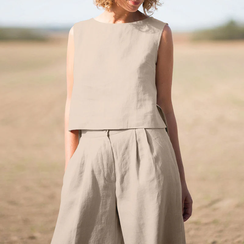 Solid Cotton Linen Casual Sleeveless Loose Suit - Image 10