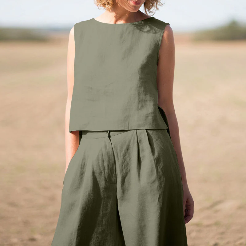 Solid Cotton Linen Casual Sleeveless Loose Suit - Image 12