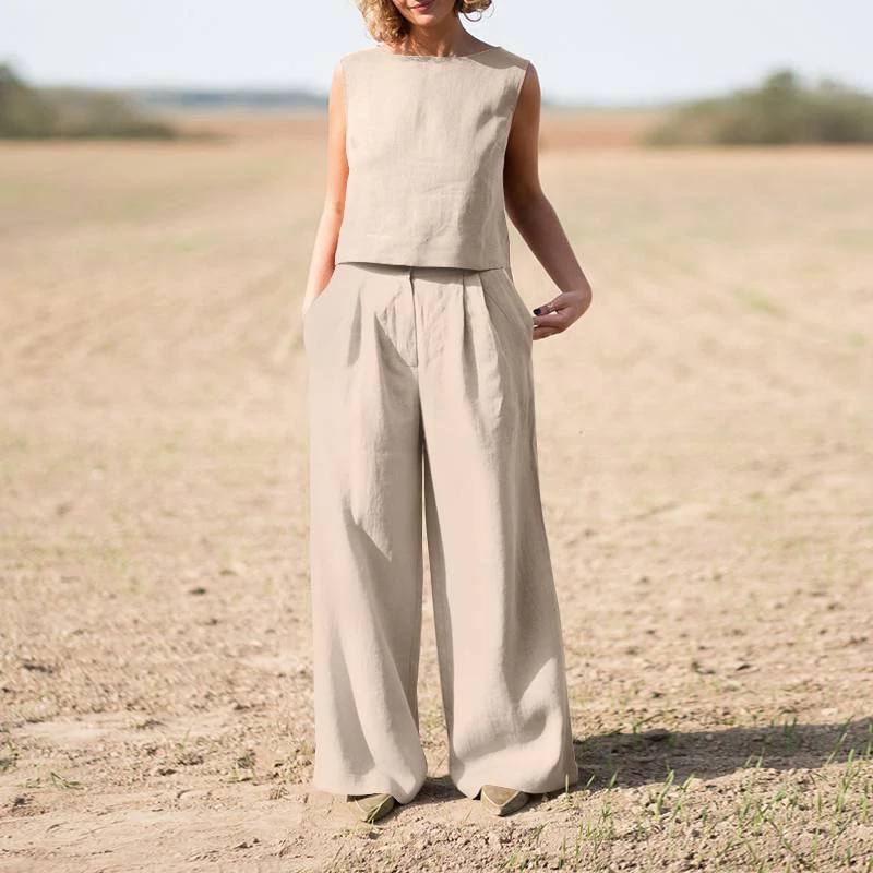 Solid Cotton Linen Casual Sleeveless Loose Suit - Image 2