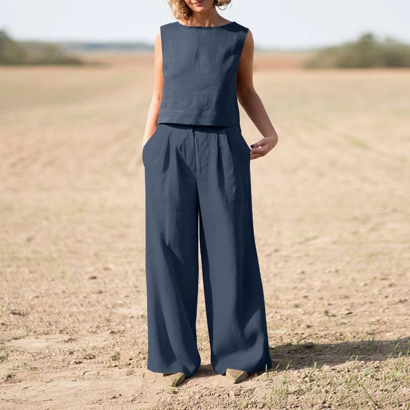 Solid Cotton Linen Casual Sleeveless Loose Suit - Image 3