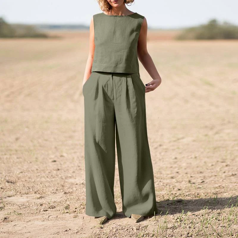 Solid Cotton Linen Casual Sleeveless Loose Suit - Image 4