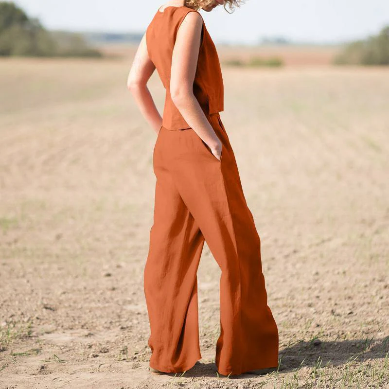 Solid Cotton Linen Casual Sleeveless Loose Suit - Image 5