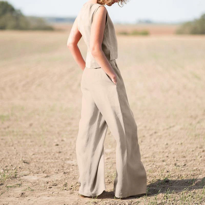 Solid Cotton Linen Casual Sleeveless Loose Suit - Image 6