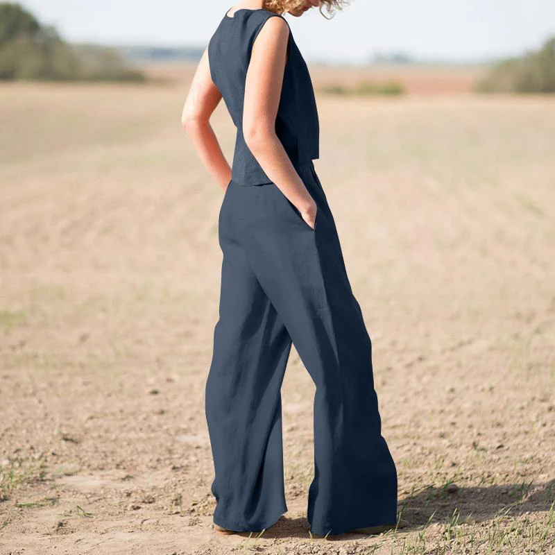 Solid Cotton Linen Casual Sleeveless Loose Suit - Image 7