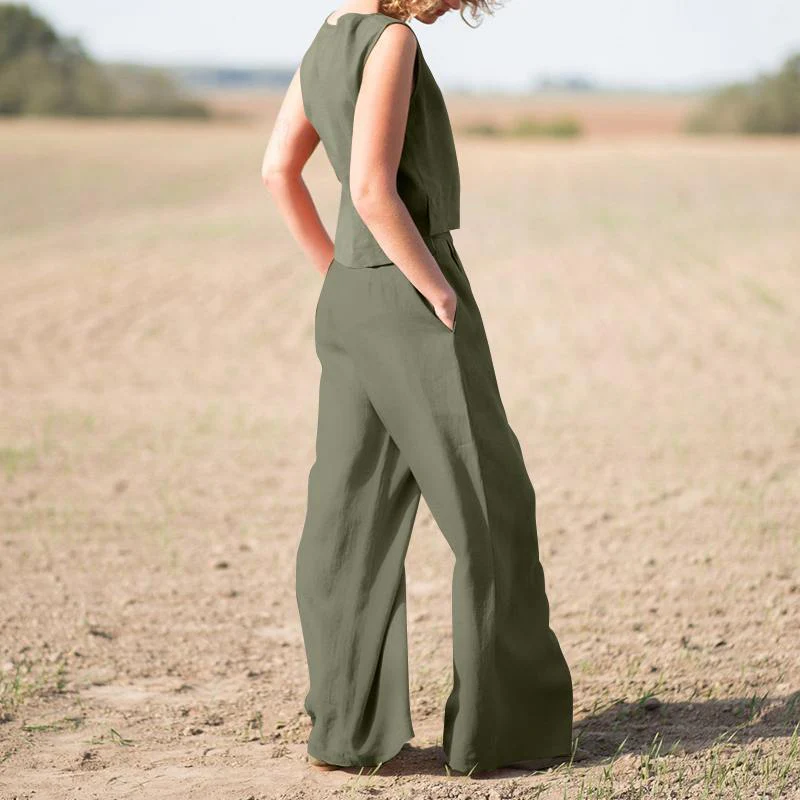 Solid Cotton Linen Casual Sleeveless Loose Suit - Image 8