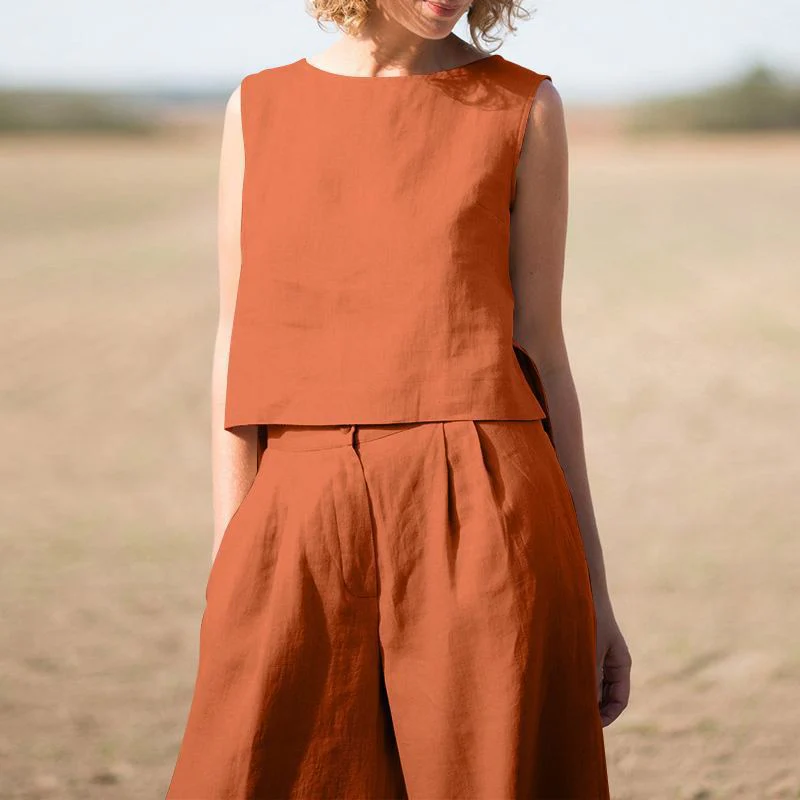 Solid Cotton Linen Casual Sleeveless Loose Suit - Image 9