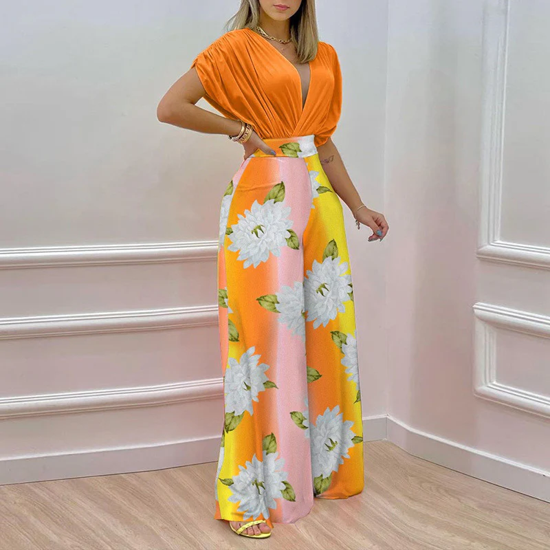 Solid Shirt & Floral Print Loose Pants Set - Image 3