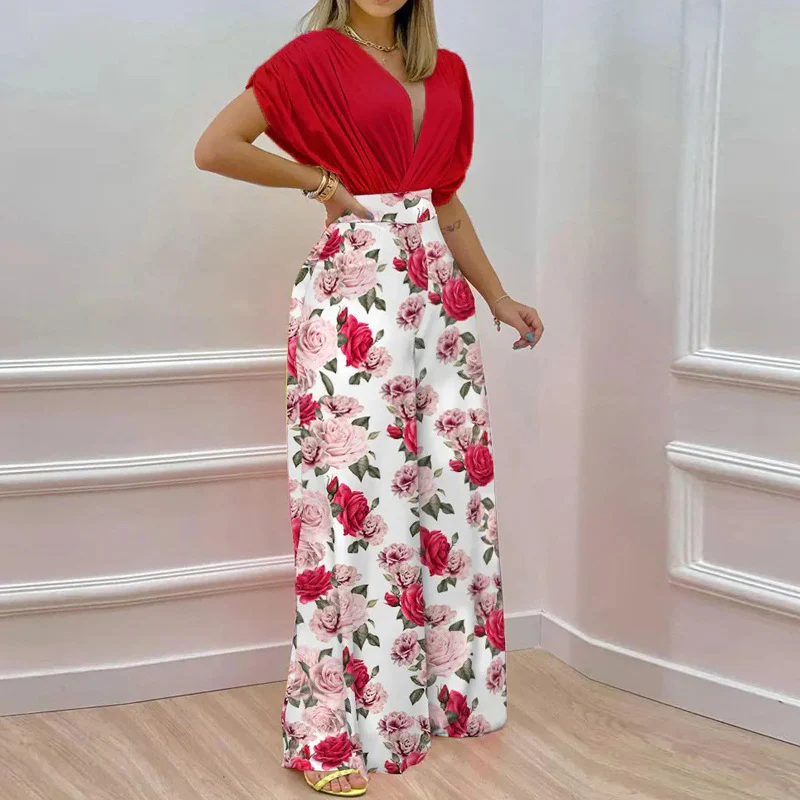 Solid Shirt & Floral Print Loose Pants Set - Image 4