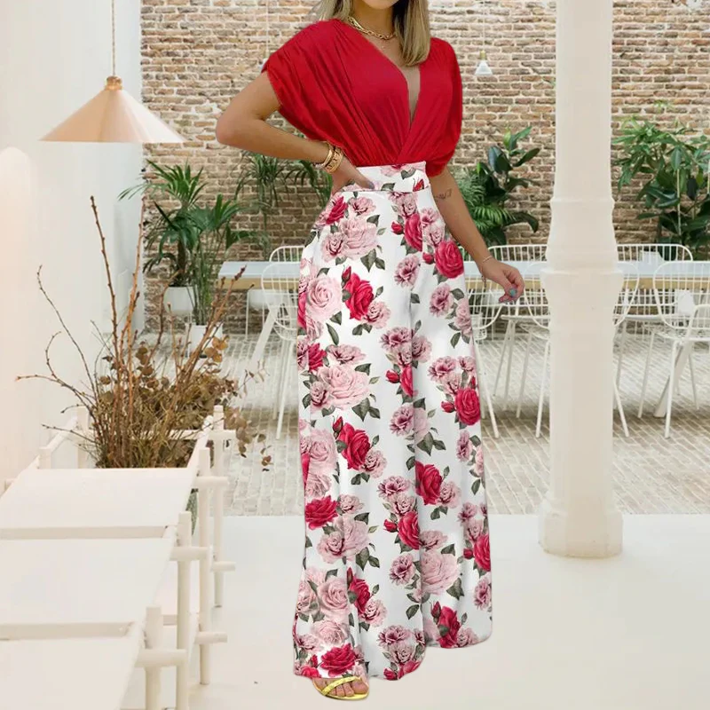 Solid Shirt & Floral Print Loose Pants Set - Image 8