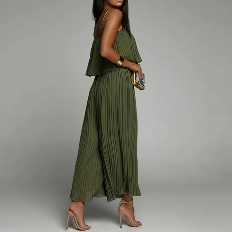 Spaghetti Strap Ruffle Hem Pleated Wide Leg Jumpsuit - Image 10