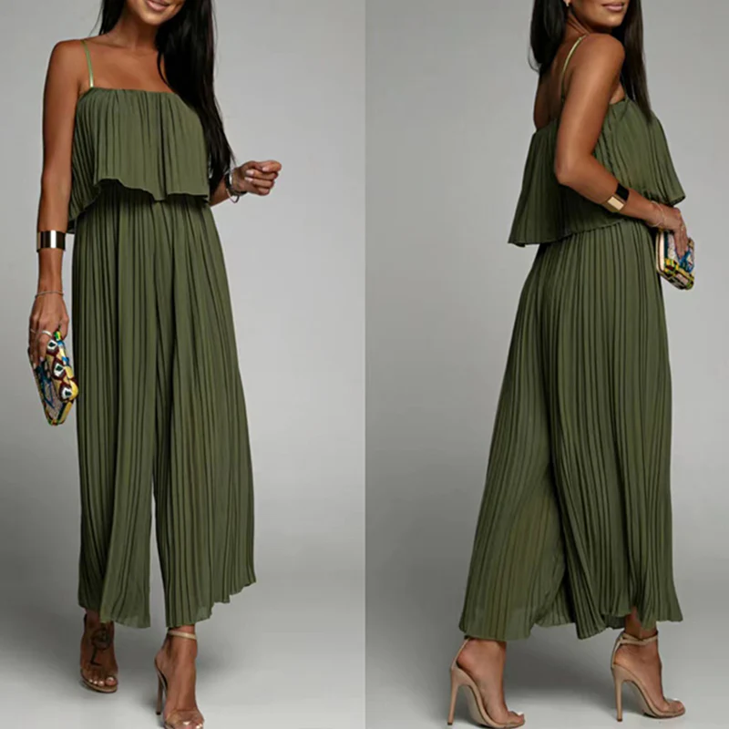 Spaghetti Strap Ruffle Hem Pleated Wide Leg Jumpsuit - Image 2