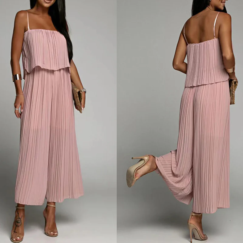 Spaghetti Strap Ruffle Hem Pleated Wide Leg Jumpsuit - Image 3