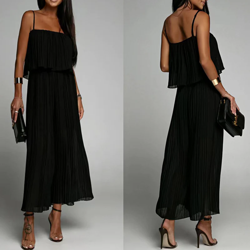 Spaghetti Strap Ruffle Hem Pleated Wide Leg Jumpsuit - Image 4