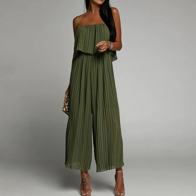 Spaghetti Strap Ruffle Hem Pleated Wide Leg Jumpsuit - Image 5