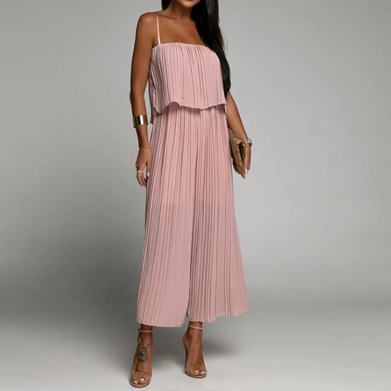 Spaghetti Strap Ruffle Hem Pleated Wide Leg Jumpsuit - Image 6
