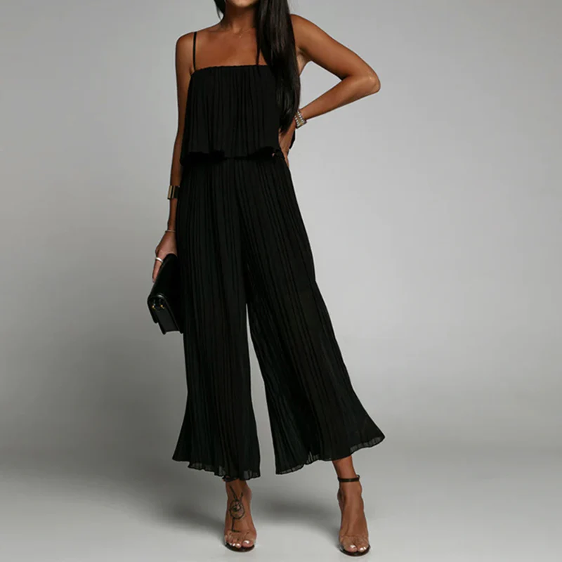 Spaghetti Strap Ruffle Hem Pleated Wide Leg Jumpsuit - Image 7