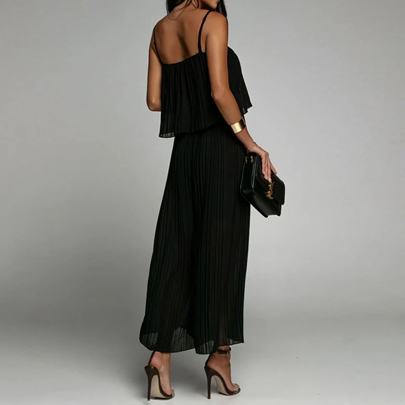 Spaghetti Strap Ruffle Hem Pleated Wide Leg Jumpsuit - Image 8