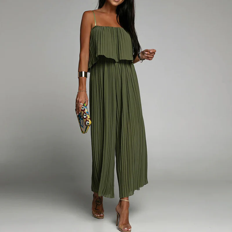 Spaghetti Strap Ruffle Hem Pleated Wide Leg Jumpsuit - Image 9