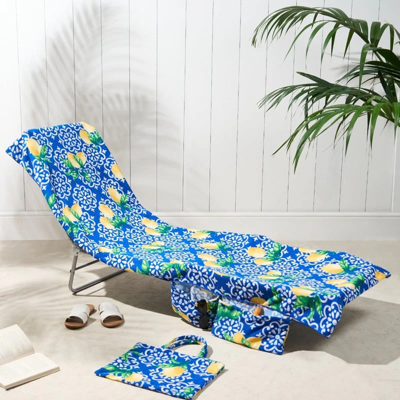 Sun Lounger Towel with Pockets Storage in a Bag - Image 2