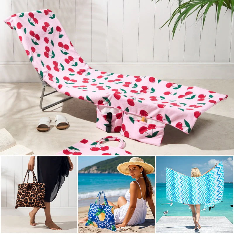 Sun Lounger Towel with Pockets Storage in a Bag - Image 3