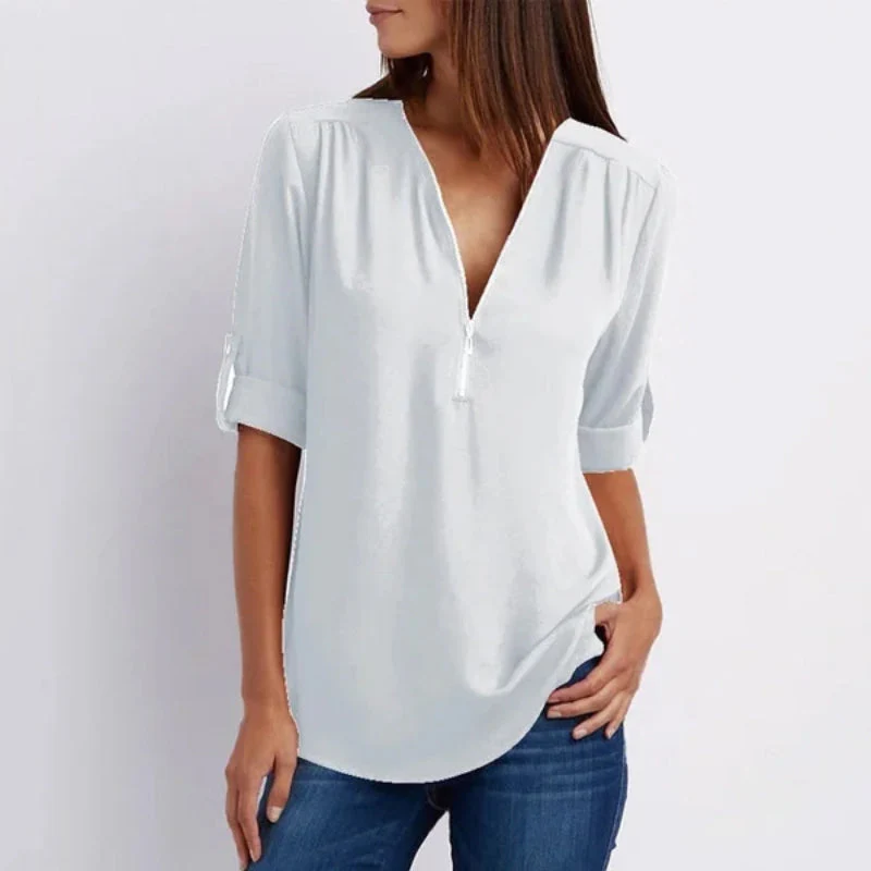 V Neck Zipper Patchwork Plain Blouses - Image 10