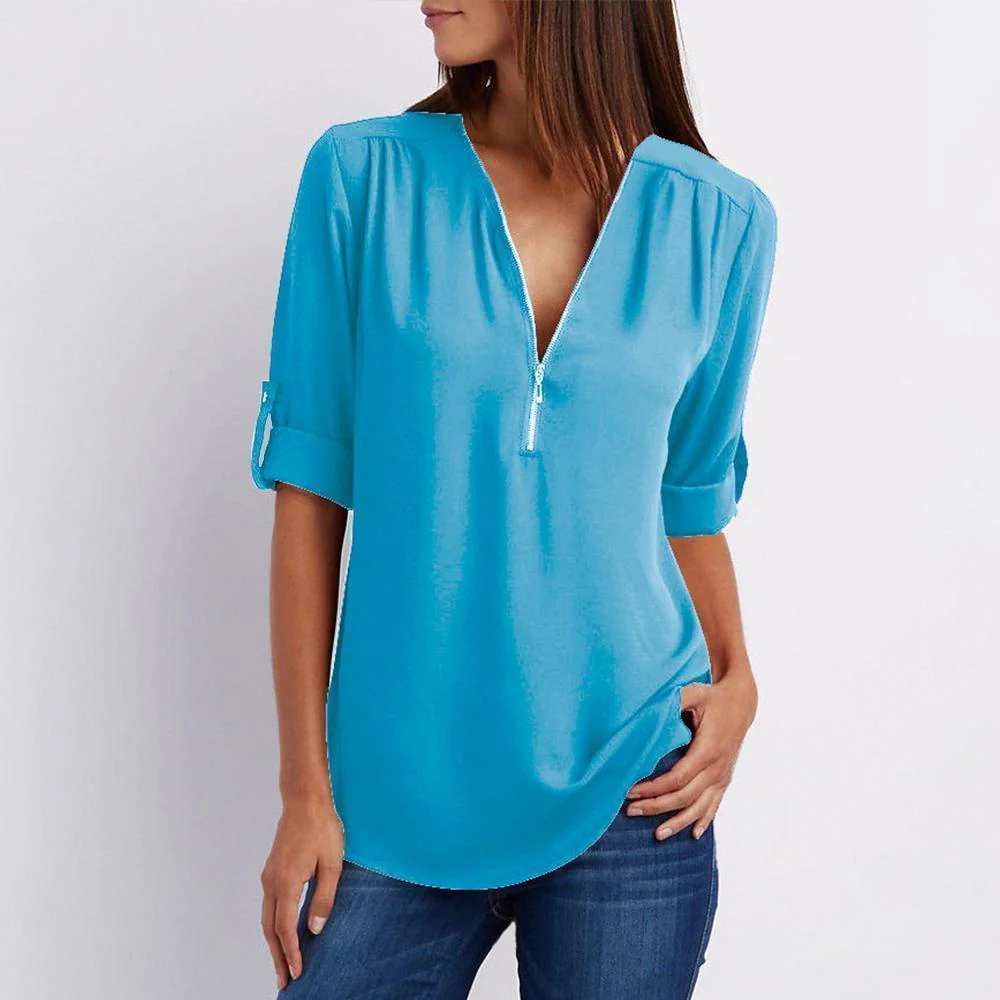 V Neck Zipper Patchwork Plain Blouses - Image 11