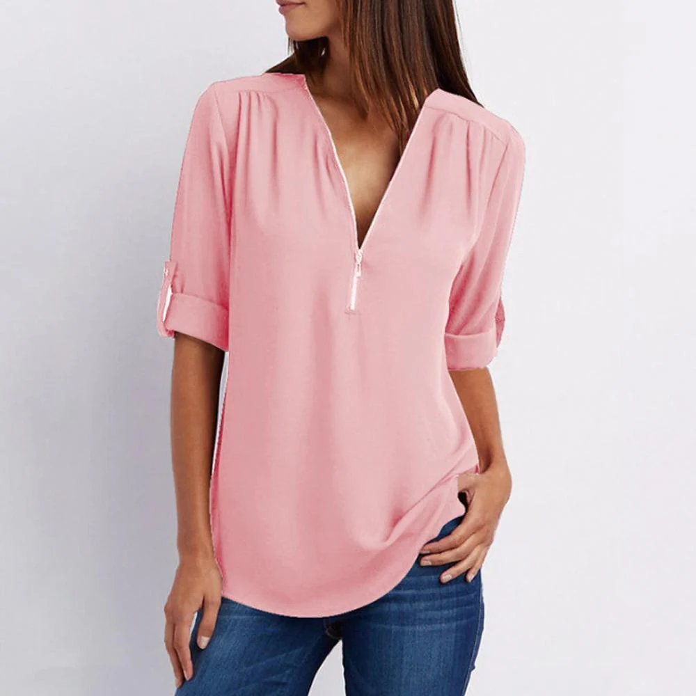V Neck Zipper Patchwork Plain Blouses - Image 12