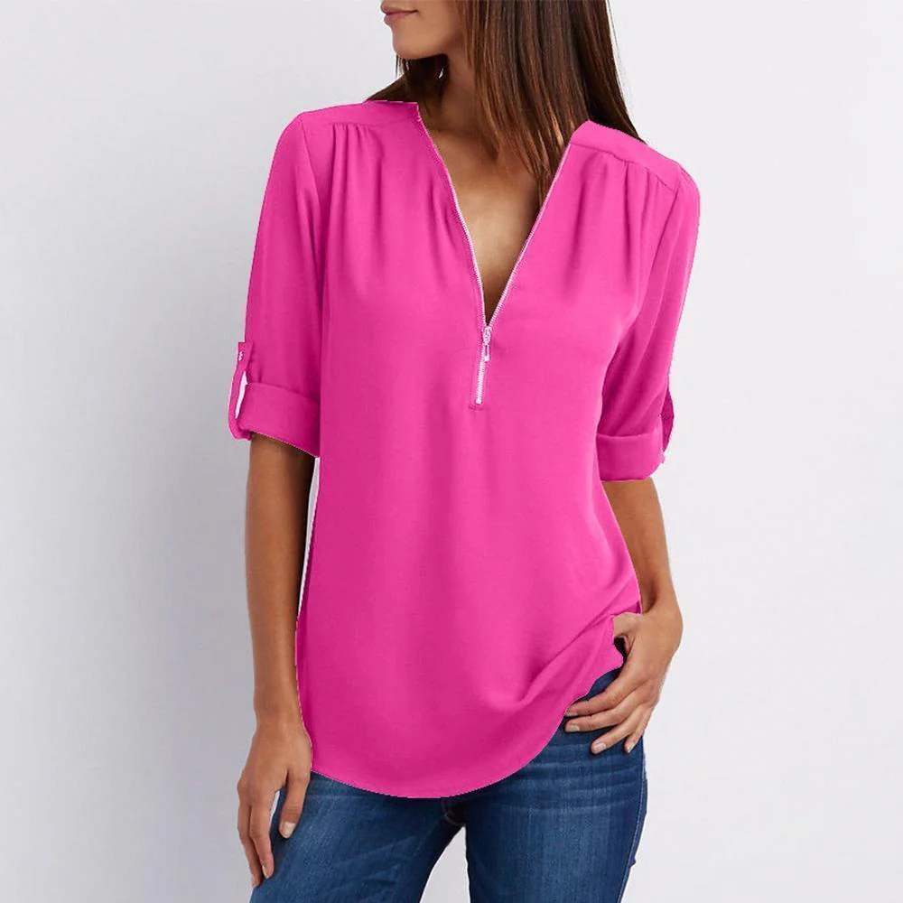 V Neck Zipper Patchwork Plain Blouses - Image 13