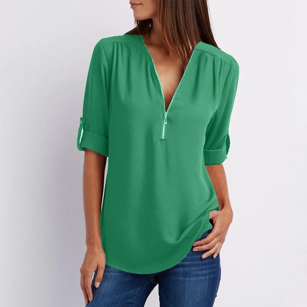 V Neck Zipper Patchwork Plain Blouses - Image 14