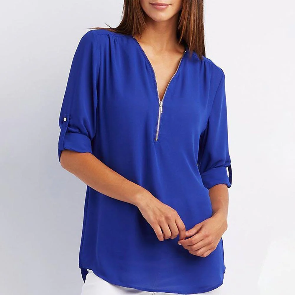 V Neck Zipper Patchwork Plain Blouses - Image 15