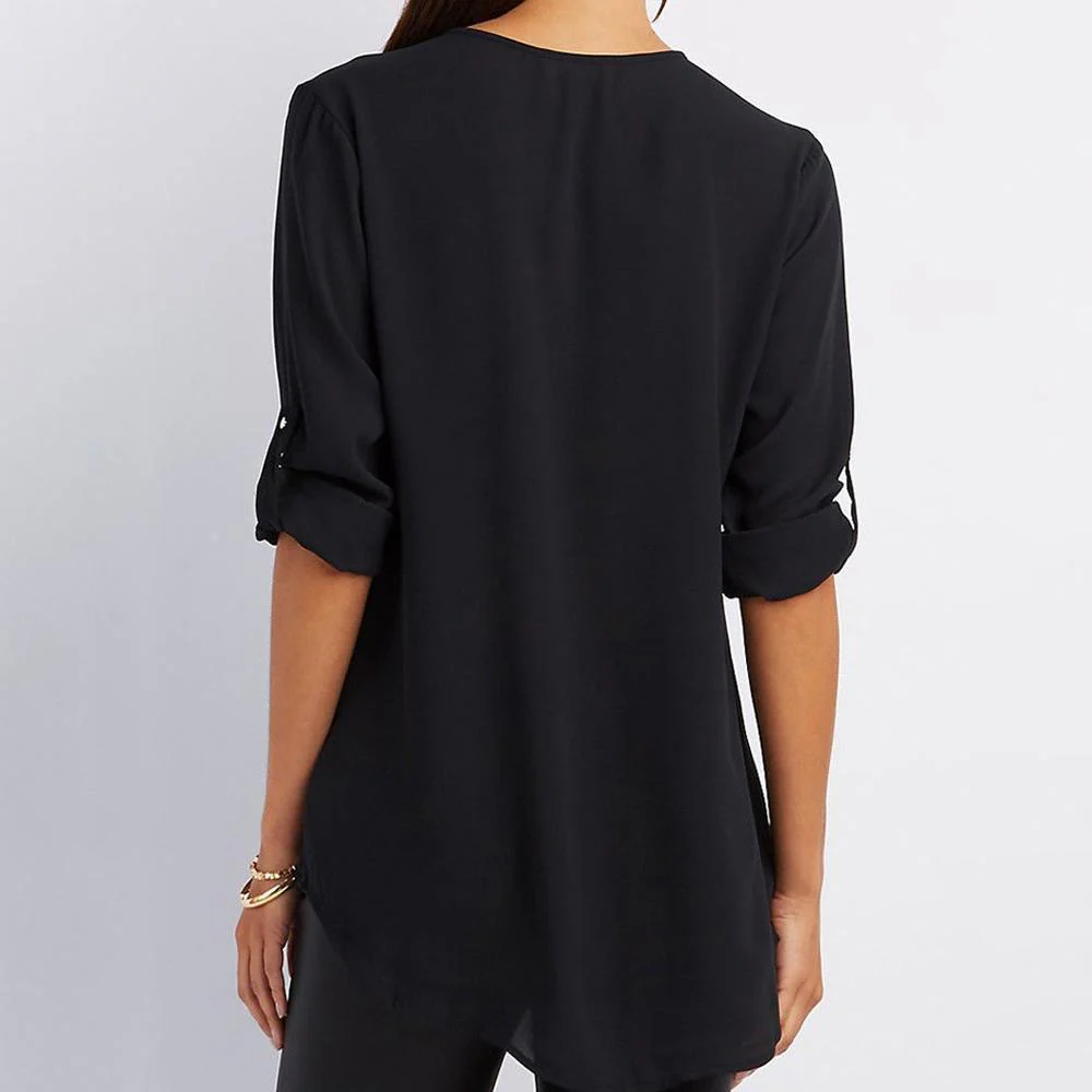 V Neck Zipper Patchwork Plain Blouses - Image 2