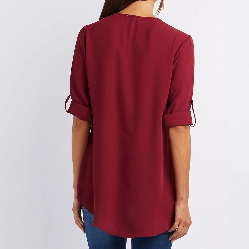 V Neck Zipper Patchwork Plain Blouses - Image 3