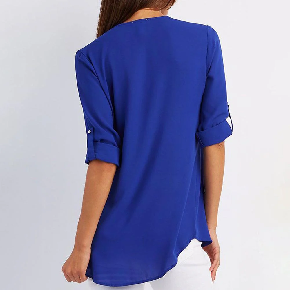 V Neck Zipper Patchwork Plain Blouses - Image 4