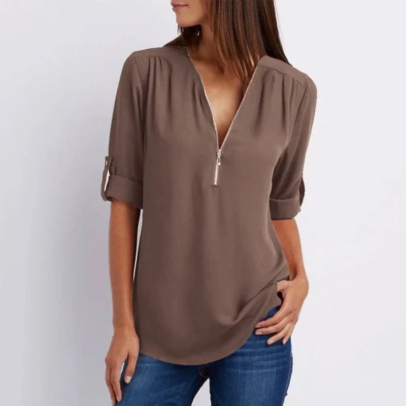 V Neck Zipper Patchwork Plain Blouses - Image 6