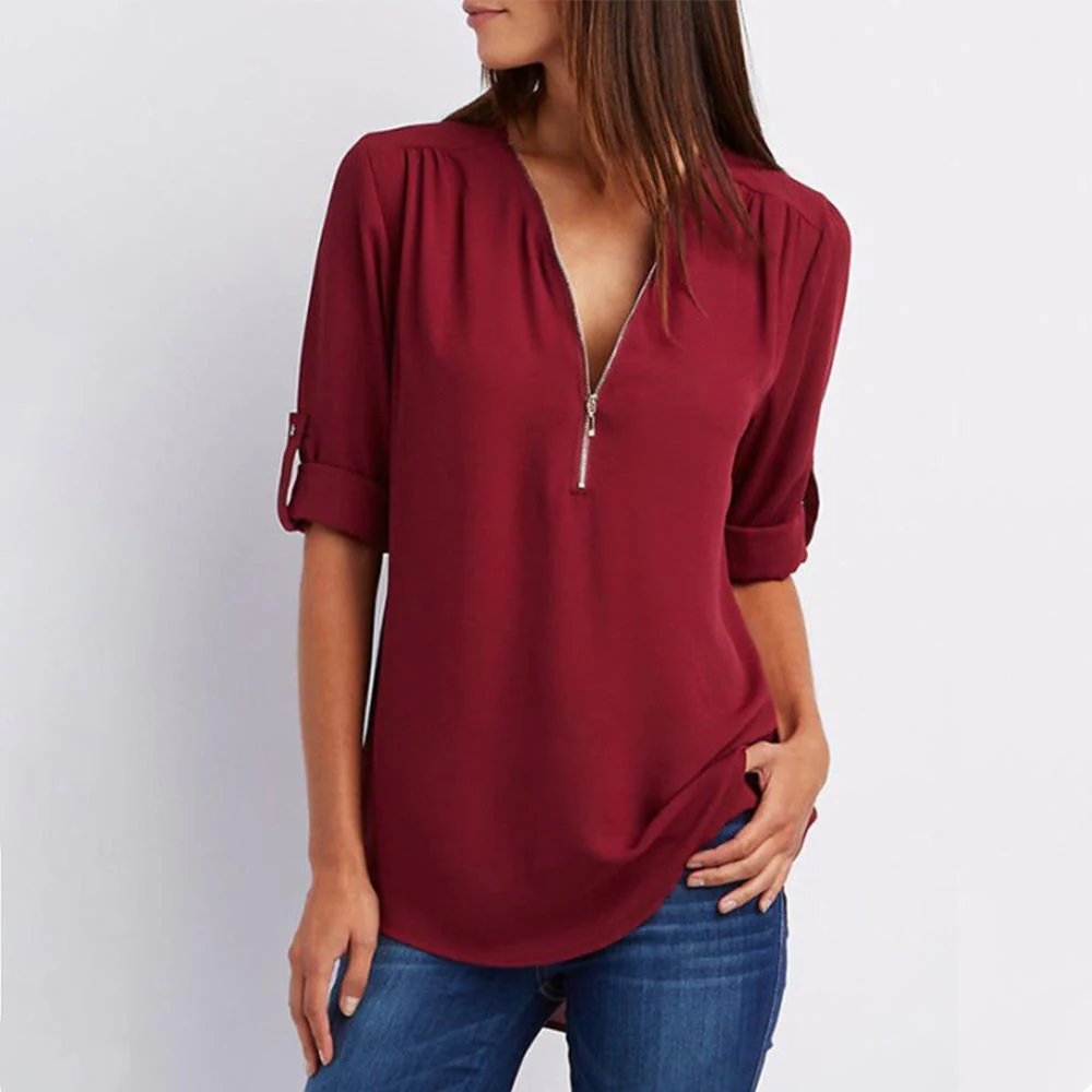 V Neck Zipper Patchwork Plain Blouses - Image 7