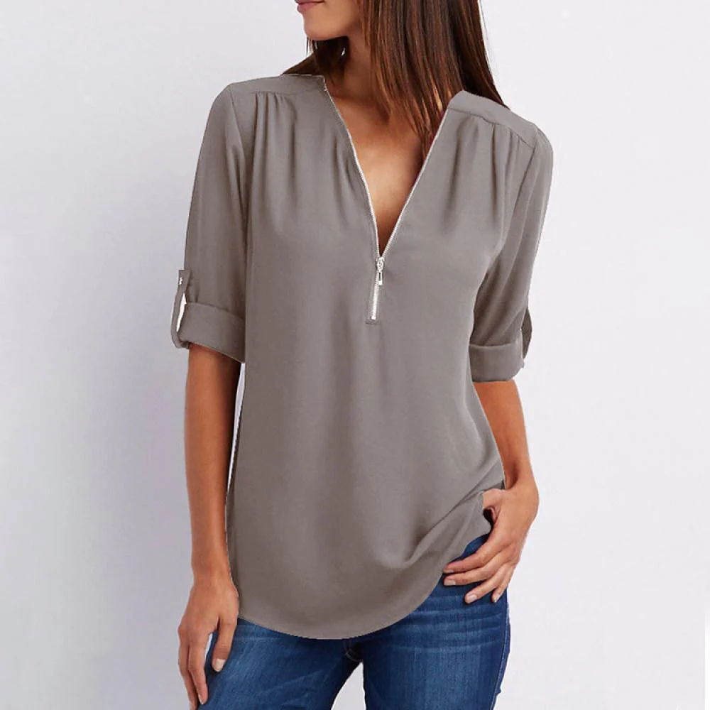V Neck Zipper Patchwork Plain Blouses - Image 8