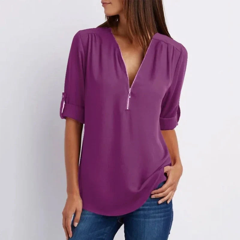 V Neck Zipper Patchwork Plain Blouses - Image 9
