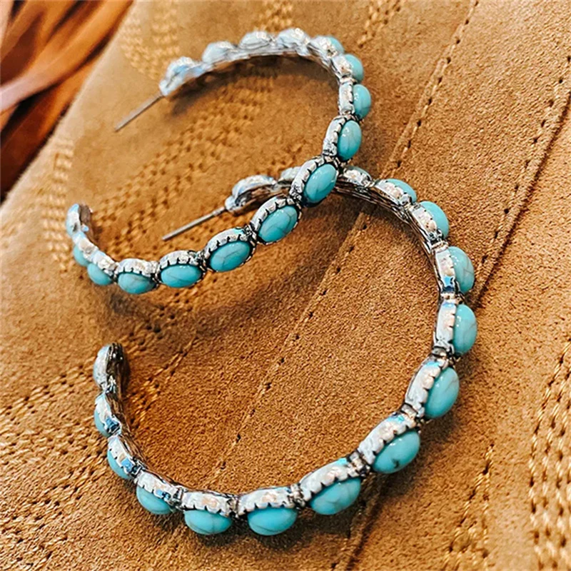 Vintage C-Shaped Turquoise Hoop Earrings - Image 2