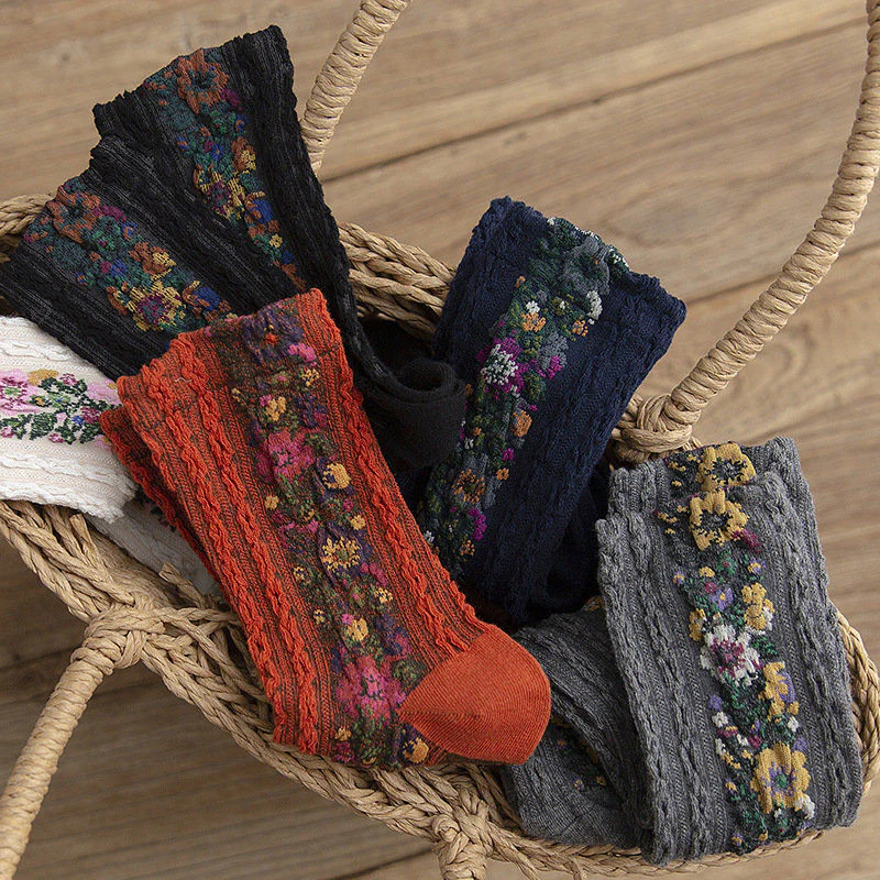 Vintage Floral Style Cotton Crew Socks - Image 9