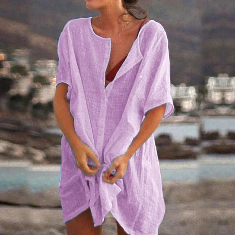 Women's Cotton and linen Plain Loose Long Shirt - Image 5