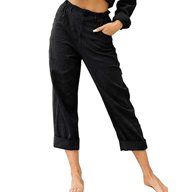 Women's High Waist Casual Cotton Linen Trousers - Image 13