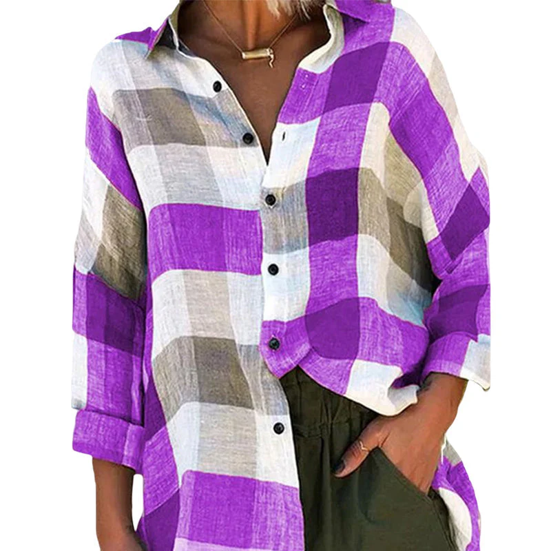 Women's Printed Long-sleeved Shirt Loose Plaid Shirt - Image 5
